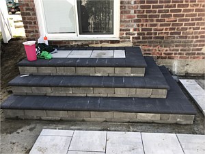L-shape stoop out of back door charcoal with dark gray bullnose no grout groutless maintenance free steps step bellmore